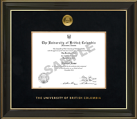 NEW! UBC glossy black wood diploma frame, black velvet & 24K gold plated medallion